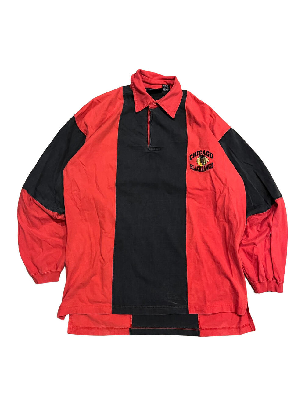 Vintage 90s Chicago Blackhawks Rugby Shirt Sz Large Striped Red Black NHL Active